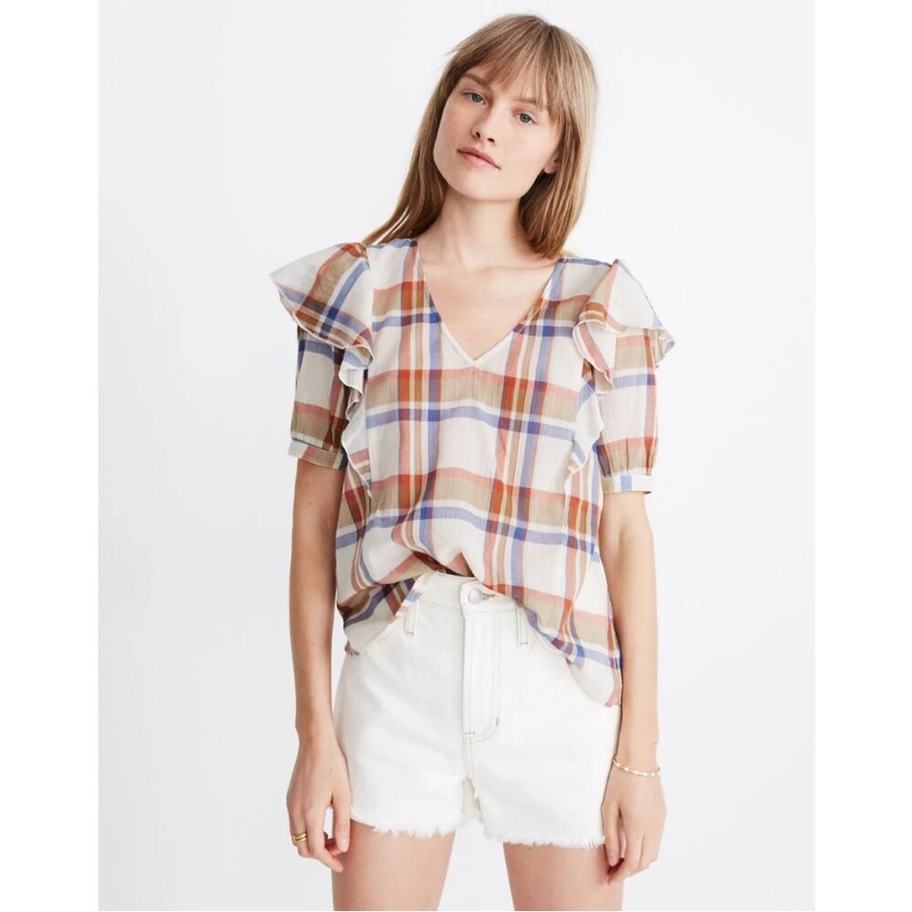 Madewell Ruffle Sleeve Plaid Top – V-Neck – Size XL